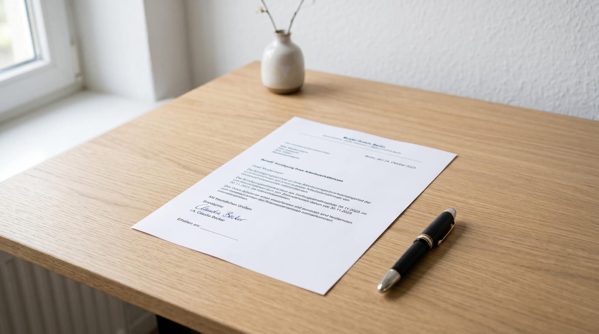 Minimalistisches Kündigungsschreiben auf weißem Schreibtisch mit einem Füllfederhalter
